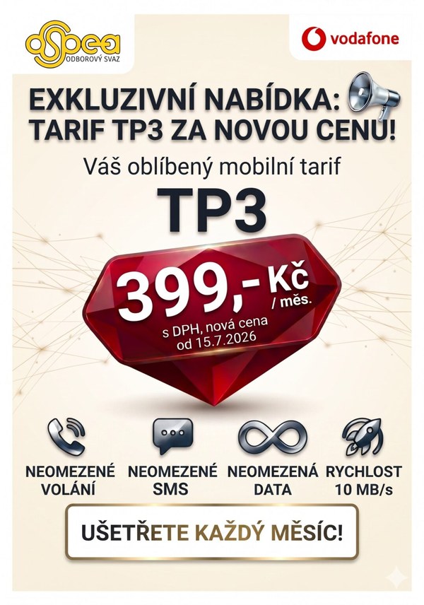 Exkluzivní nabídka: tarif TP3 za 399 Kč měsíčně s DPH, nová cena od 15. 7. 2026